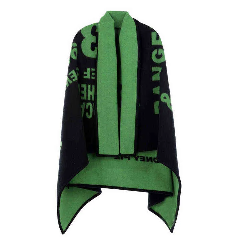 150*135cm Pashmina Xale Para Mulheres Outono Inverno Alta Qualidade Carta Verde Echarpe Quente Quente Street Poncho Feminino 220107