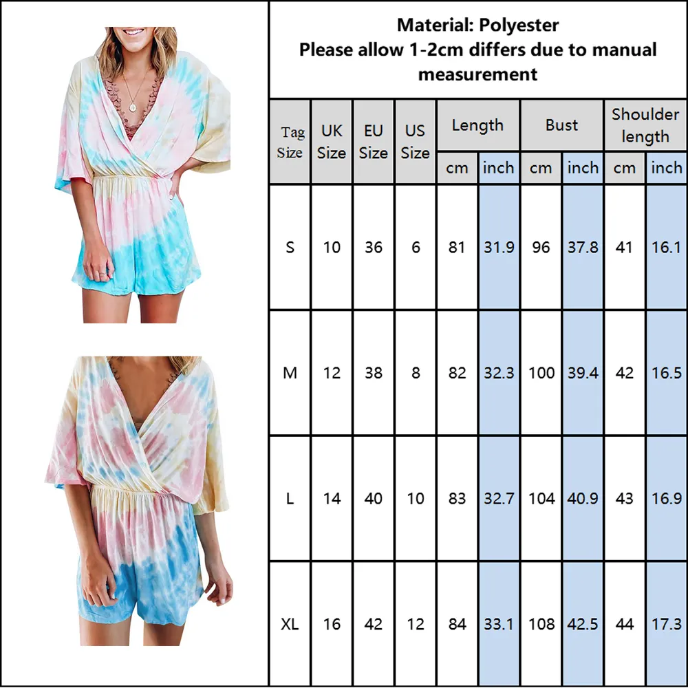 Tie Dye Print Basic-Overall mit V-Ausschnitt für Damen, lässiger Bodysuit, Loungewear, Jogging, Femme, Biker, einteiliger Overall, Playsuit D30 T200704