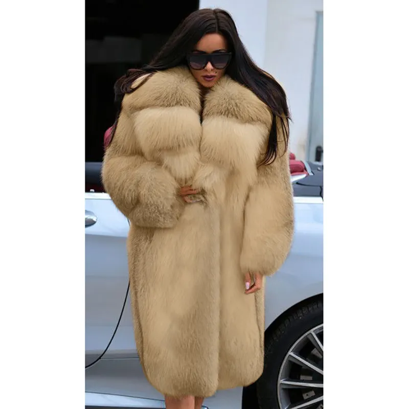 Vrouwen Coats Faux Fur Losse kraag Lange jas mode winter dikke warme capuchon casual natuurlijke kleur open steek jassen 201029