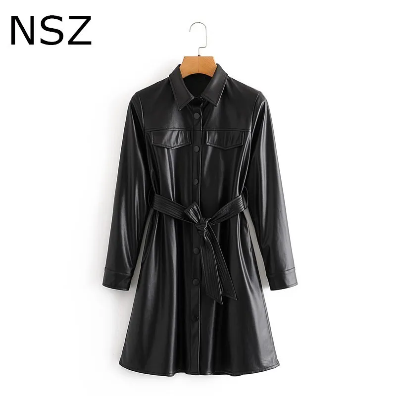 NSZ Women Brown Faux Pure Pu Leather Long Jacket With Belt Fall Fashion Artificial Fur Coat Elegant Female Outwear Tops 20103030