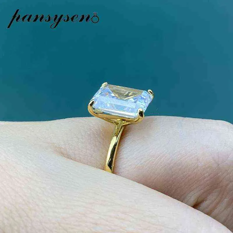 PANSYSEN blanc jaune or Rose couleur luxe 8x10MM taille émeraude AAA Zircon anneaux pour les femmes 100% 925 argent Sterling bijoux fins 2225z