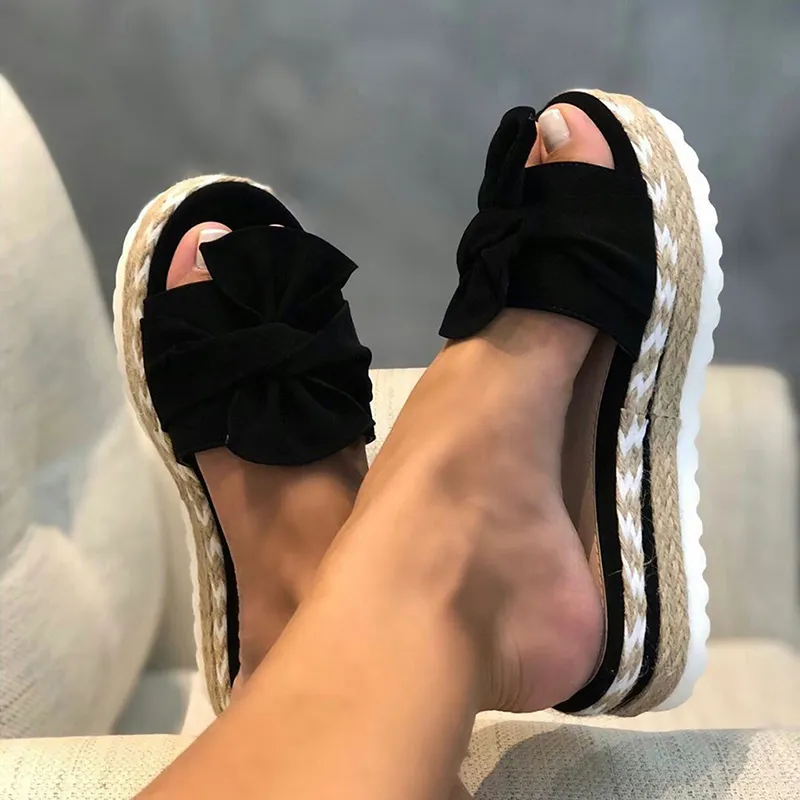 Fashion Summer Slipper Casual Beach Flip Flops Sandals Thick Bottom Woven Straw Cake Fish Mouth Bow Sandals Women Shoes X1020