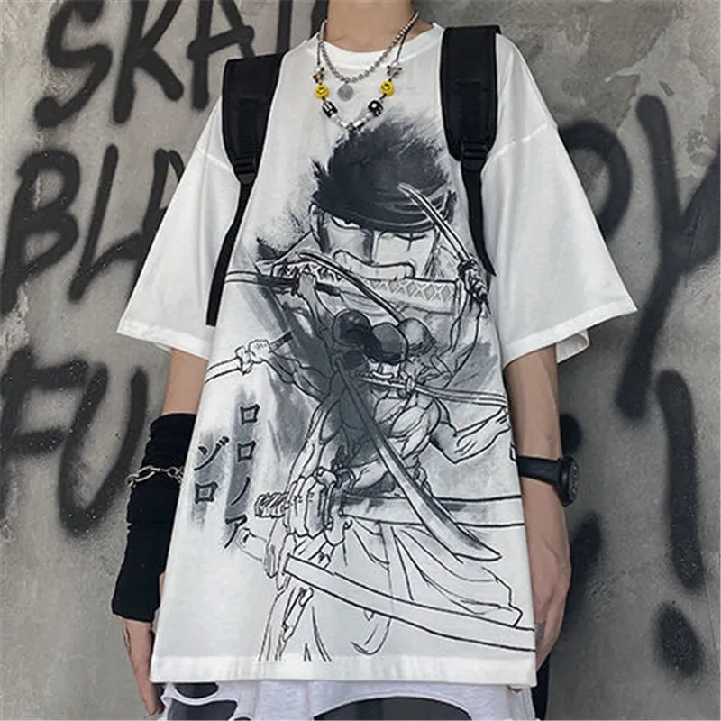 Крутая белая футболка в стиле хип-хоп с Луффи, уличная одежда для мужчин и женщин, крутые топы в японском стиле в стиле панк, мужские летние цельные футболки с короткими рукавами C1268u