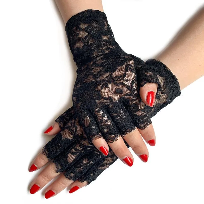 Pięć palców Rękawiczki Kobiety Summer Seksowna czarna pusta koronkowa krem ​​przeciwsłoneczna oddychająca cienki pół palca