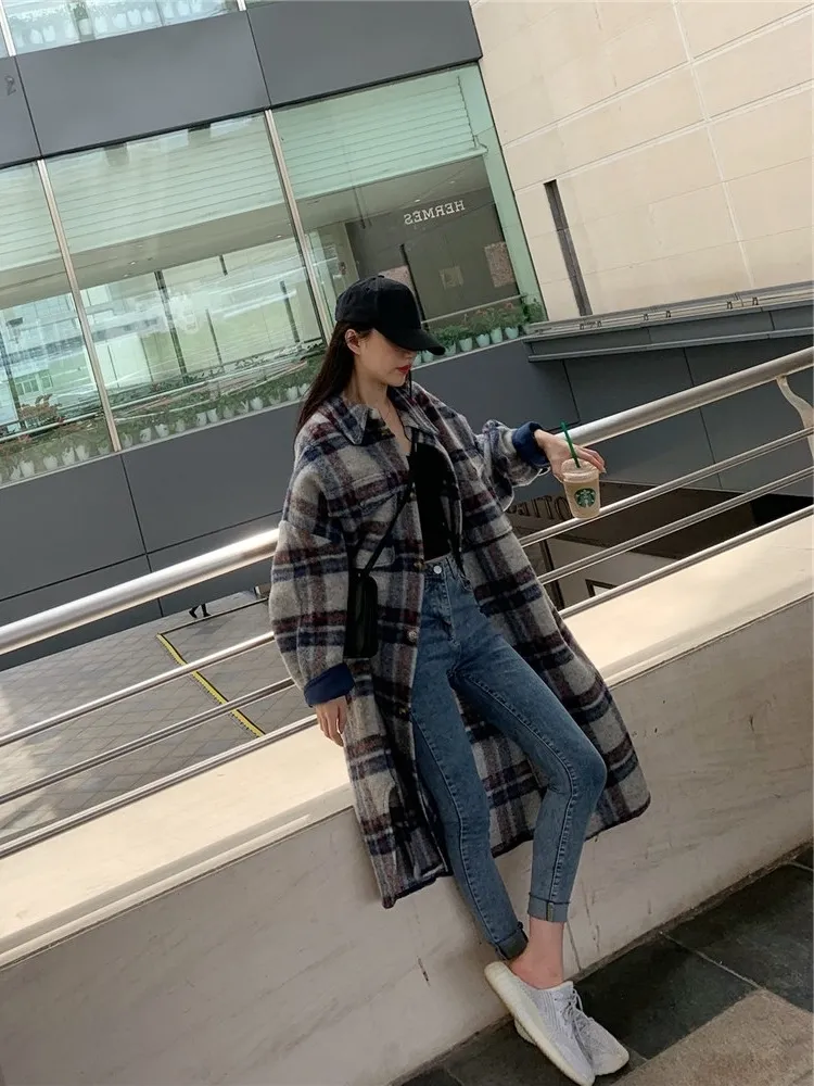 Blau Plaid Trenchcoat Frauen 2020 Frühling Herbst Neue Casual Koreanische Mode Revers Wolle Über Das Knie Lange Mantel Z220 T200828