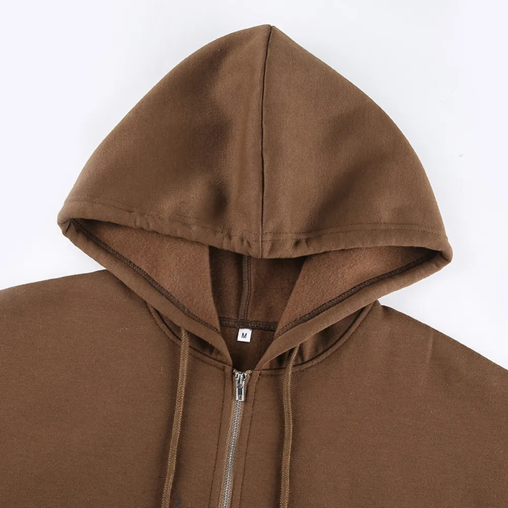 Brown Y2k Hoodies Women Aesthetic Vintage Zip Up Sweatshirt Winter Jacket Pockets Long Sleeve Solid Hooded Pullovers Streetwear Q0116