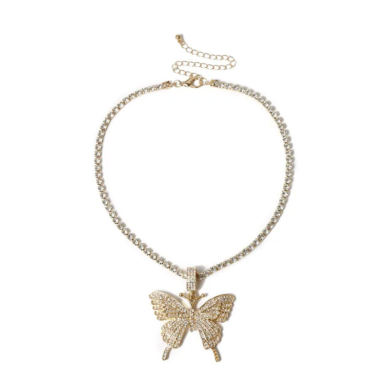 Statment Big Butterfly Pendentif Collier Hip Hop Glacé Strass Chaîne pour Femmes Bling Tennis Chaîne Cristal Animal Ras Du Cou Jewel266d