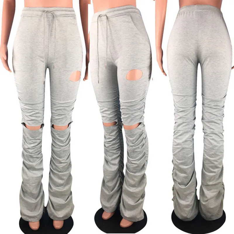 High Waist Sweatpants Women Summer Distressed Ripped Casual Stacked Leggings Flare Pants Trousers Women Sweat Pants Joggers T200422