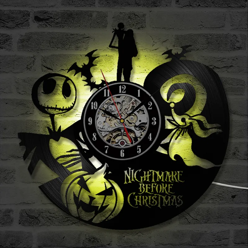 Vintage Vinyl Record Wall Clock with 7 LED Lighting The Nightmare Before Christmas LED Wall Clock Art Hanging Watch Home Decor Y200109