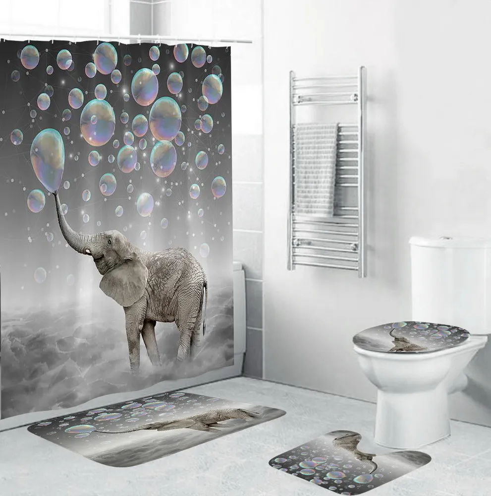 4st elefant vattentät polyester bubblor badrum duschdrain toalett täckmatta nonslip golvmattmatta set med 12 krokar lj2017691000