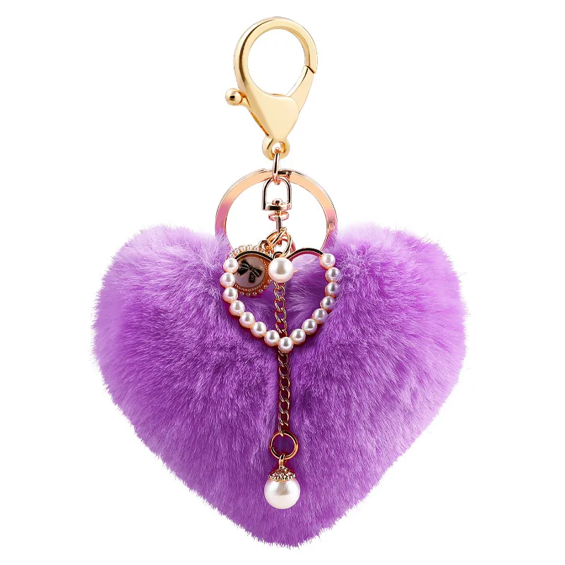 Autumn Winter Love Imitation Rabbit Hair Keychains Pearl Peach Heart Bag Keyring Plush Accessories Woolly Ball Car Key Pendant Who226q
