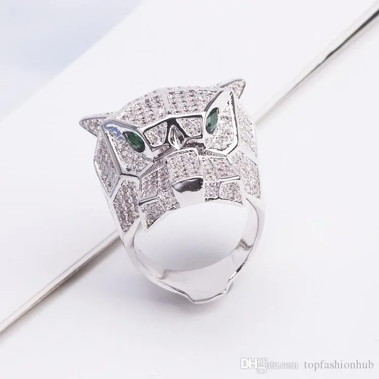 Tiger Leopard Head Ring CZ Ювелирные Извилистые Любители Симпатичные кольца Изысканные Медные Половые Полые Зеленые Грин