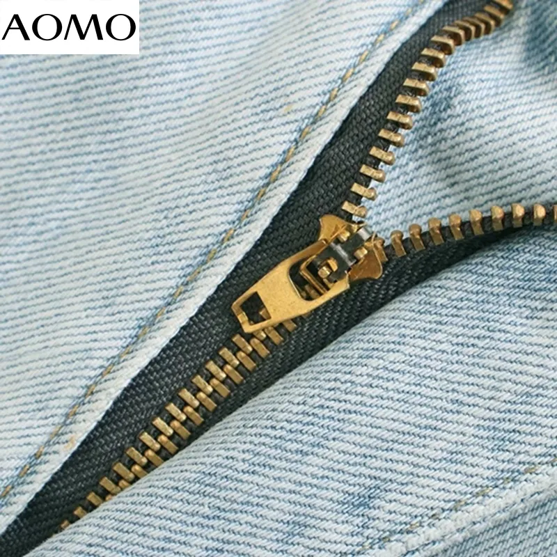 AOMO moda donna jeans a vita alta pantaloni tasche con cerniera pantaloni in denim femminile 4M333A 201105