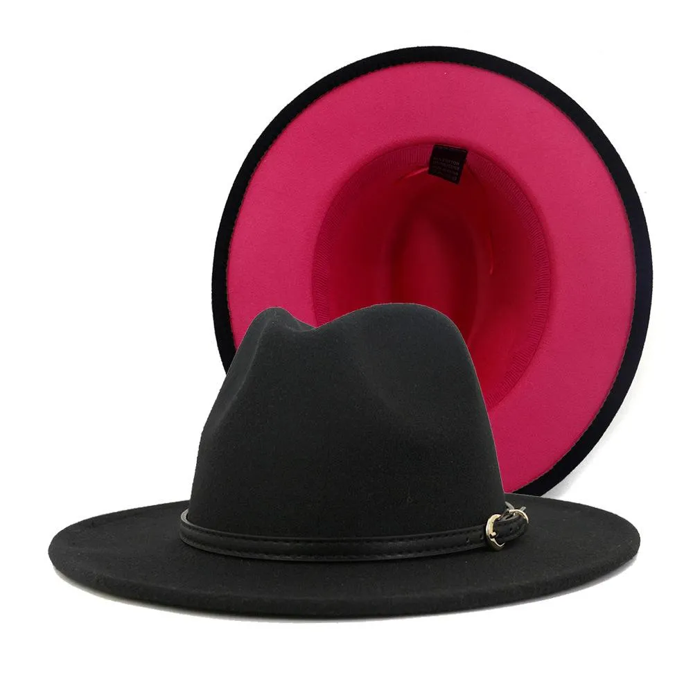 2020 mody kobiety Patchwork sztuczna wełna Feel Fedora Hats z klamrą z podwójnym kolorem klamry płaski rdzeń panama cap303r