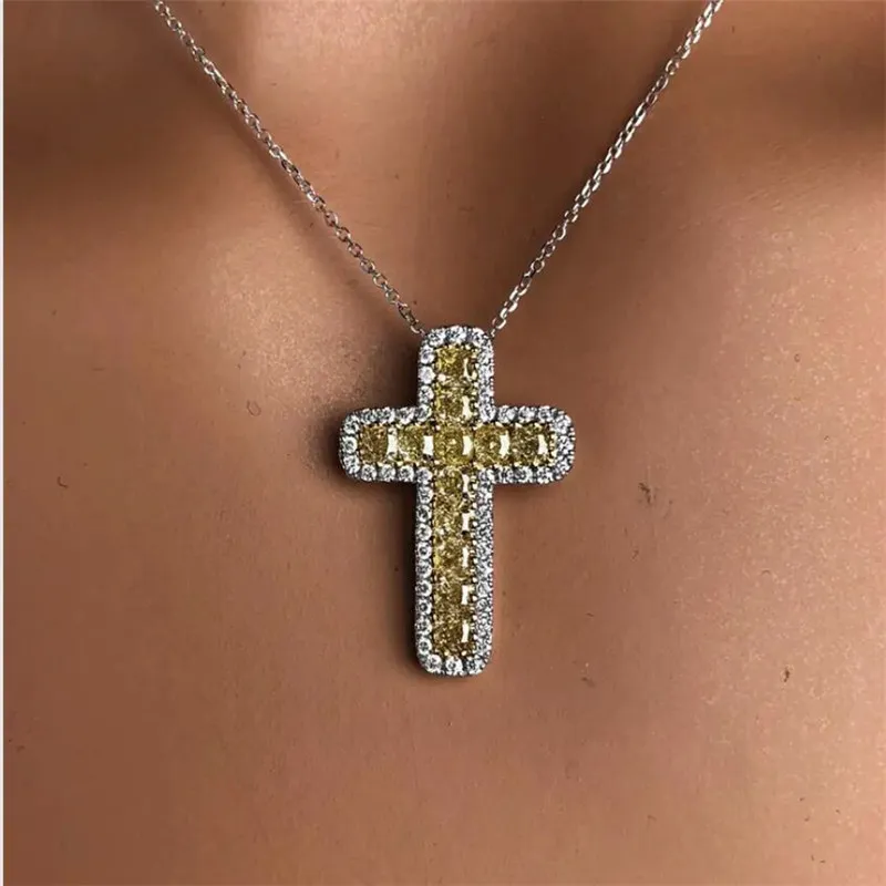 Hip Hop Vintage Fashion Jewelry 925 Sterling Silver CZ Diamant Geel Crystal Gemstones Party Women Wedding Cross Hanger Clavicle222Z