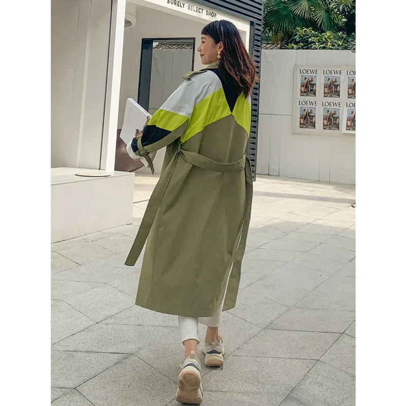 DEAT Autumn Fashion Trench Coat Women Hit Color Full Sleeve Lapel With Sashes Slim Long Length Elegant Wild HT034 201030