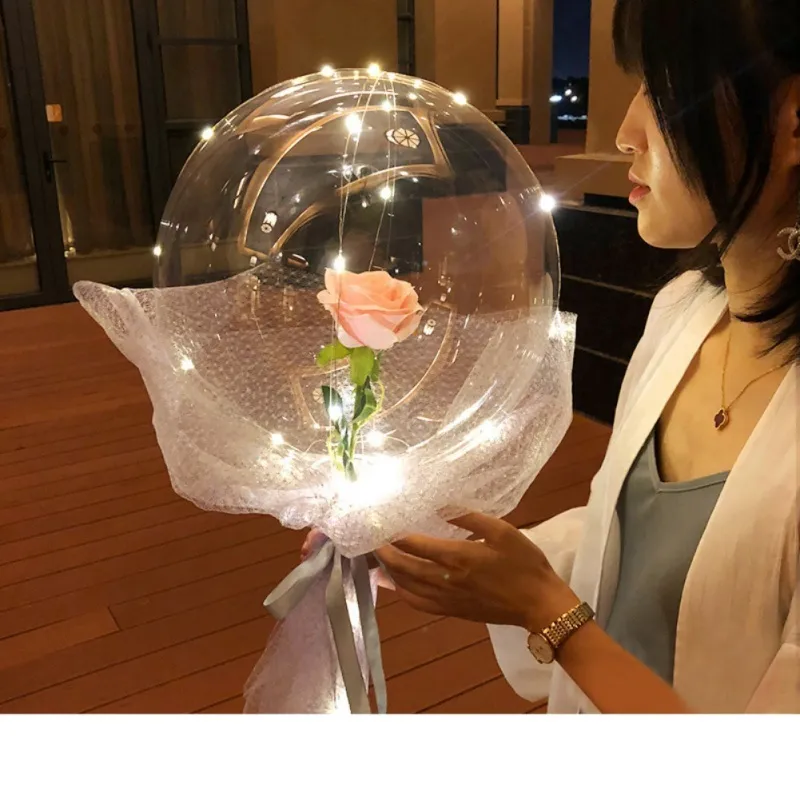 Transparent Bobo Ball LED Luminous Balloon Rose Bouquet Valentines Day Gift For Birthday Party Wedding Decor Y2010061927