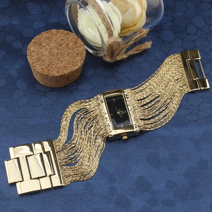Top Women039s Moda Dress Vestido de luxo Caixa de pulseira Retângulo Broad Tassel Chain Strap Ladies Gold Quartz Watches6870715