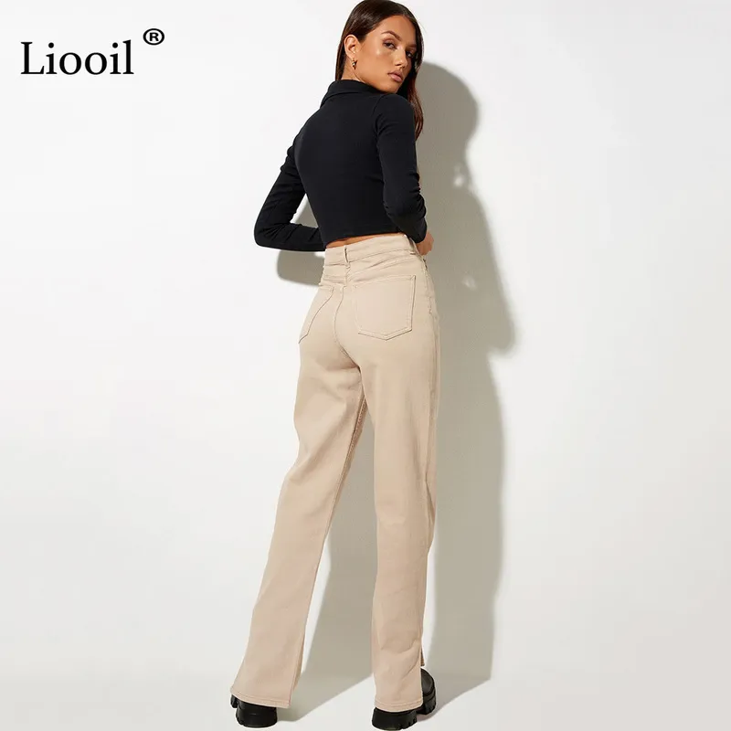 Liooil Boyfriend Slit Jean a vita alta Streetwear Gamba dritta Pantaloni skinny neri Pantaloni casual in denim primaverile 220310