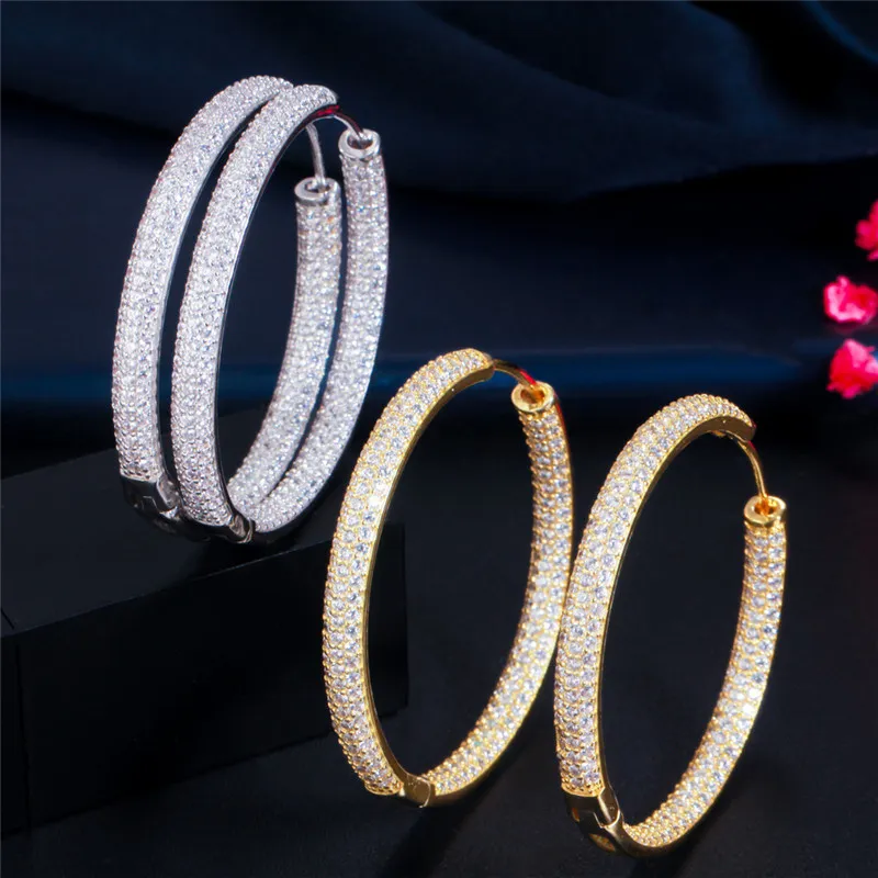 Sydamerikansk 18k Gold Big Hoop 42mm AAA Cubic Zirconia Designer örhängen Kopparsmycken White Cz Silver Circle Earring Jewelry V210y