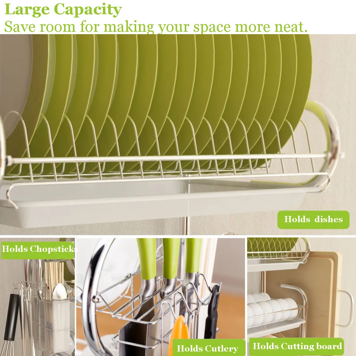 Escorredor de pratos de 3 camadas, rack de cozinha inoxidável, prateleira de armazenamento, suporte de lavagem, cesta banhada lnife, pia, ferramentas organizadoras de secagem c100255u