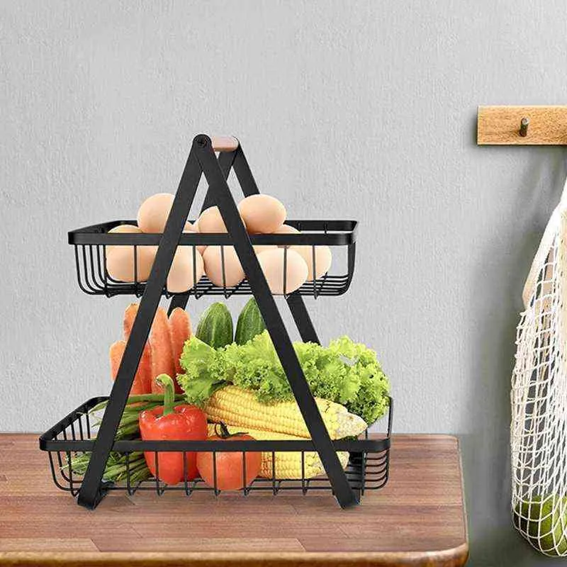 フルーツ野菜のための2層メタルフルーツバスケットポータブルキッチン貯蔵カウンタートップの棚の棚の家庭用アメニティ220209