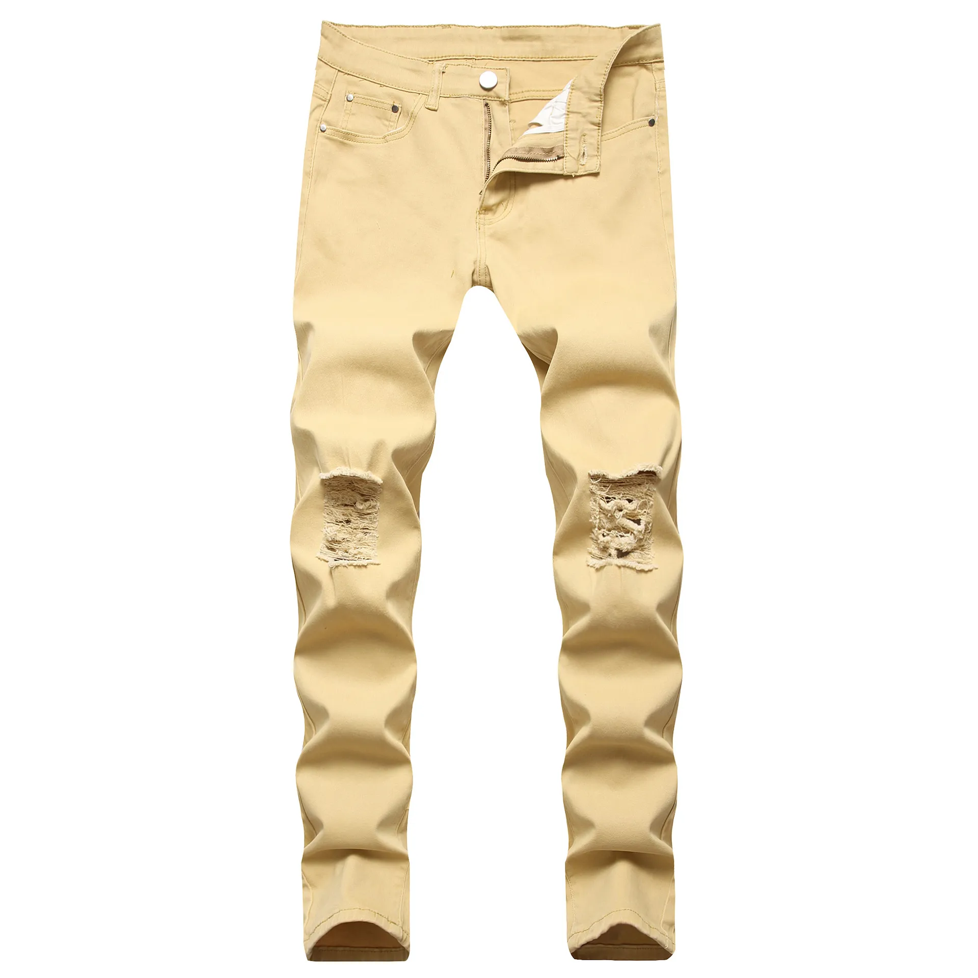 GODLIKEU Pantalones vaqueros blancos para hombre rasgados desgastados negros pitillo de mezclilla Hip Hop pantalones elásticos con botones 264V