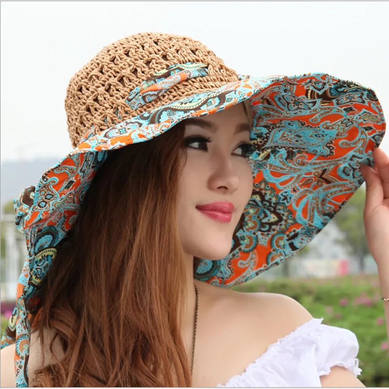 Fashion Sun Hat for Womens Holiday Beach Straw Female Hollow Bow Summer Big Brim Fold UV Protect Floppy 220312209S