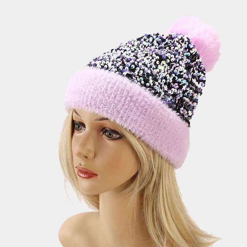Brand Inverno de malha gorros chapéu luxo lantejoulas lantejoulas femininas pompom chapéu caps 211229