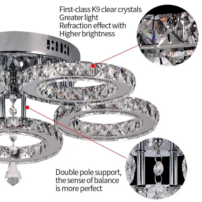 3 5 반지 K9 Crystal LED 샹들리에 조명 현대 크롬 플라 폰 광선 조명 내기 스테인레스 스틸 천장 램프 주방 244F