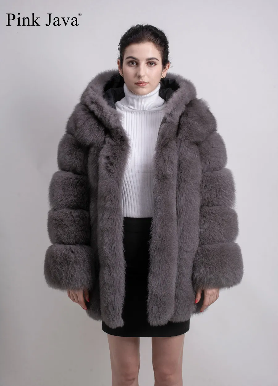 pink java QC8149 new model women real fox fur coat long sleeves hood coat gebuine fox outfit high quality 201212