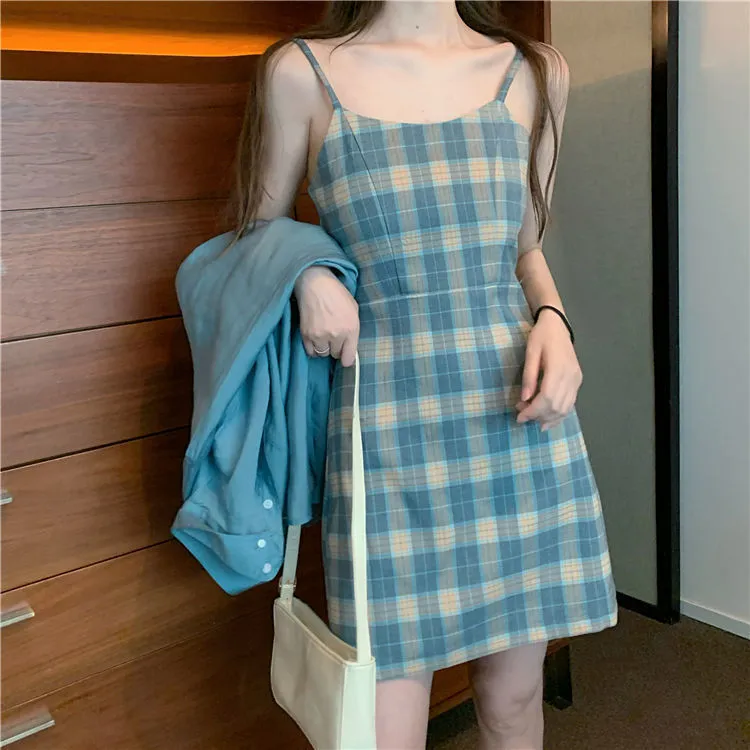 Zomer en herfst pak blauw zonnebrandcrème shirt + geruite sling slanke a-lijn jurk westerse stijl tweedelig vrouwelijk 220221