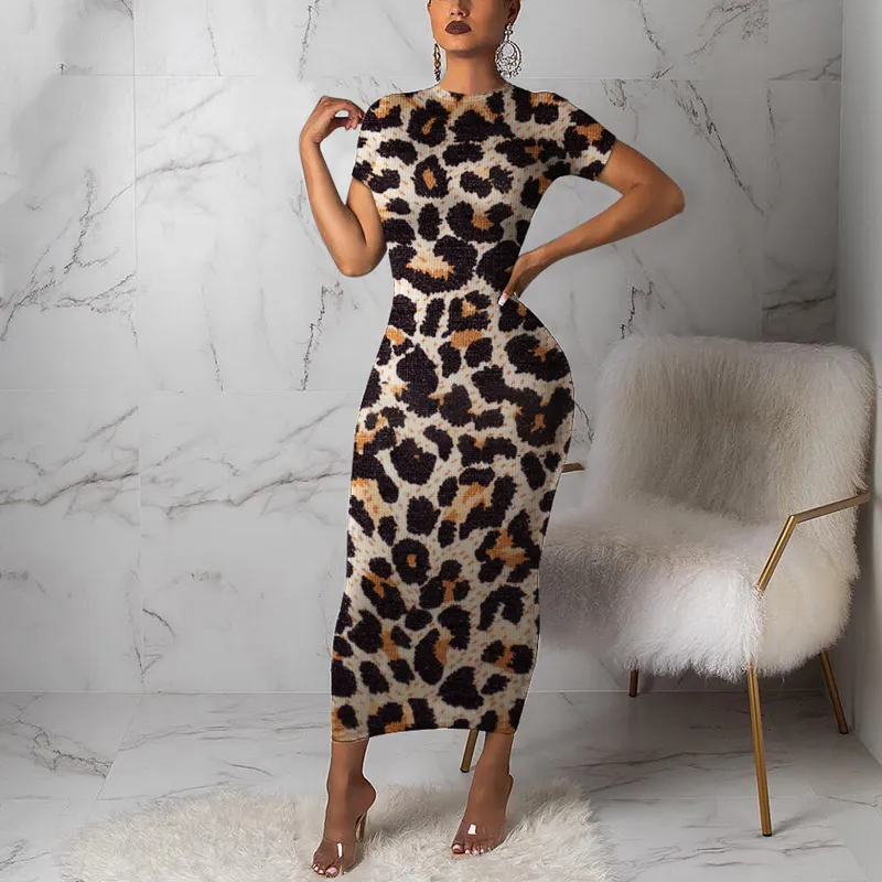 Women Leopard Short Sleeve Maxi Dress Church Party Robe Tunic Vestidos Plus Size Party Night Spring Summer Bodycon Dresses T200603