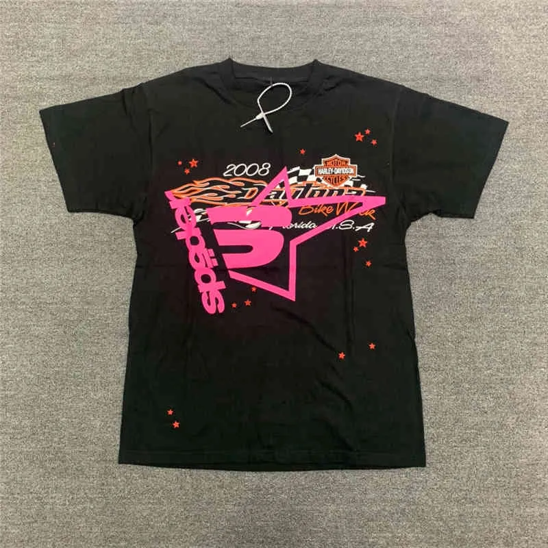 Camiseta con estampado de tela de araña para hombre y mujer, remera con estampado de espuma de calidad 1:1, camisetas a la moda, camiseta rosa para jóvenes Thug Sp5der 2022 555555