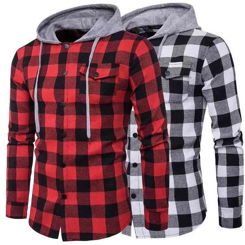 Mode Plaid Hooded Denim Shirt Slim Fit Hommes Chemises Habillées Check Plaid À Manches Longues Hommes Casual Shirt Bussiness Social Chemise G0105