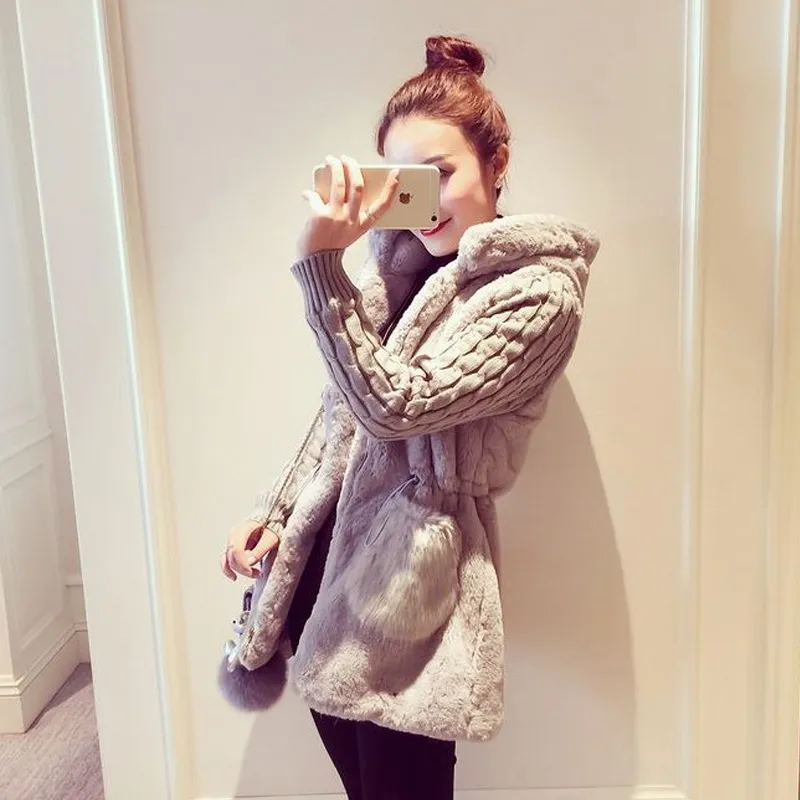 Spring Autumn Jacket Women Hooded Coat Furry Faux Fur Knit Sweater Coat Big Pocketswomen Coats And Jacket Plus Size Women Jacket 201112