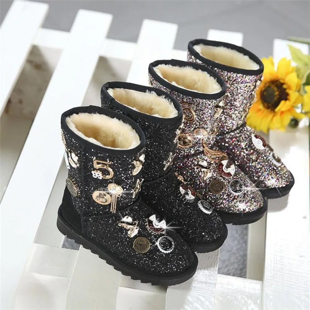 Shoes Winter Children Kids Girls Cotton Boots Teenager Velvet Thicken Warm Boots Cute Metal Decoration for Kids Christmas Gifts
