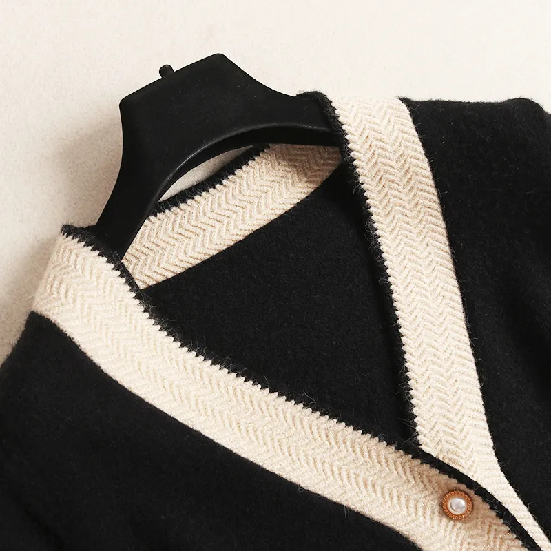 2023 outono calças de duas peças manga comprida decote em v preto contraste cor cardigans de peito único suéter + calças compridas com painéis conjunto de duas peças 1od28f288