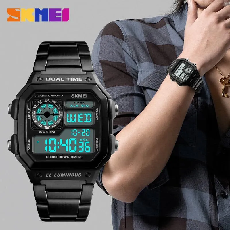 Skmei Top Luxury Sport Watch Men Luminous 5bar Waterproof Watches Rostfritt stål Relojes Strap Digital Watch Relogio Masculino1277z