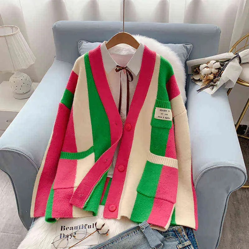 Korean Girls Sweaters Autumn Sweater Colorful Striped Cardigan Women's Single Breasted V-neck Knitwear Cozy Loose Cardigans 220112
