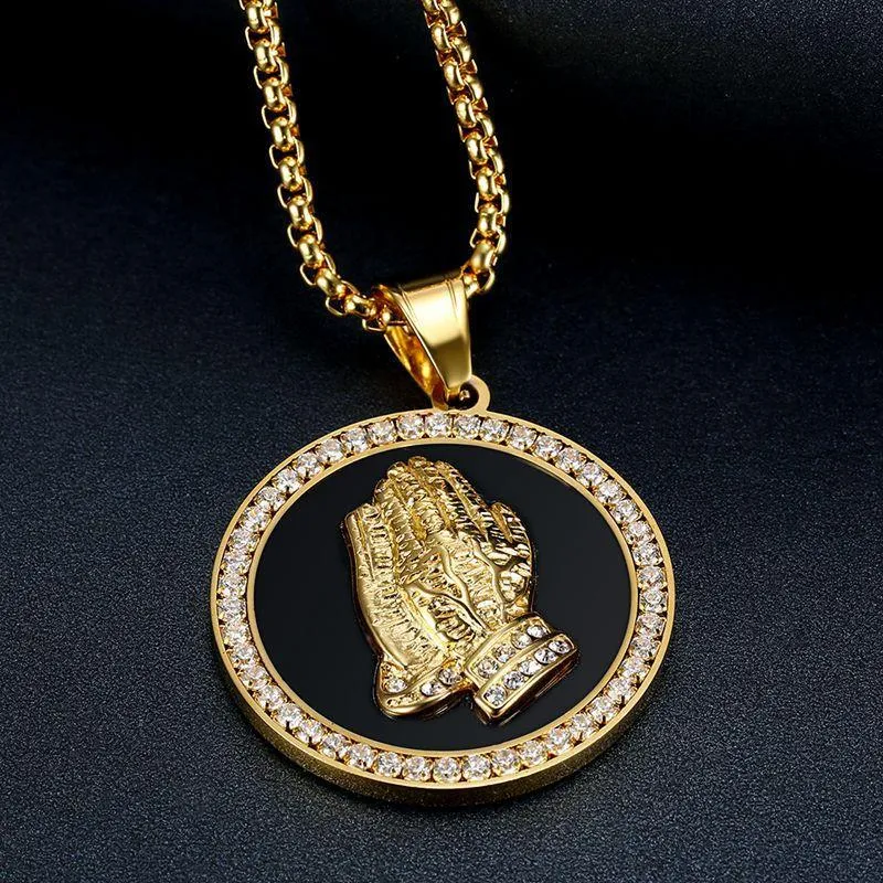 Hip Hop lodowany wisiorek do modlitwy z męską łańcuchem złoty kolor stali nierdzewnej CZ urok okrągły naszyjnik biżuteria męska prezent1230r