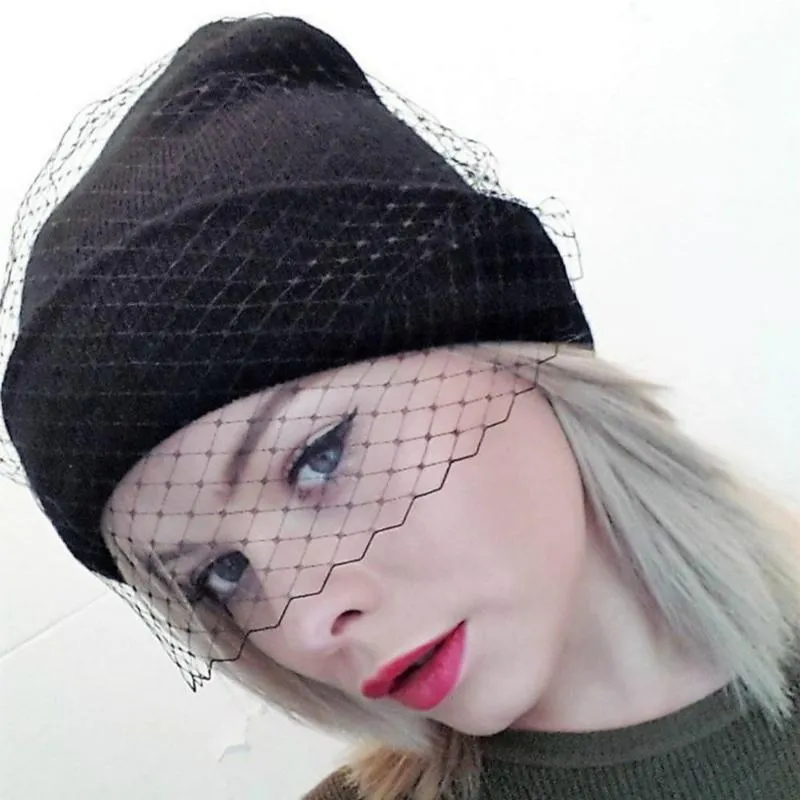 Women Lace fishnet Veil Crochet knit Skullies Cap femme Winter warm street Beanie Hat Lady sexy mesh dance party bonnet gorros2370