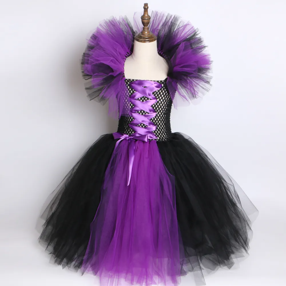 Maleficent Evil Queen Girls Tutu Dress with Horns Halloween Cosplay Witch Costume for Girls Kids Party Dress Children Clothing Y208291889
