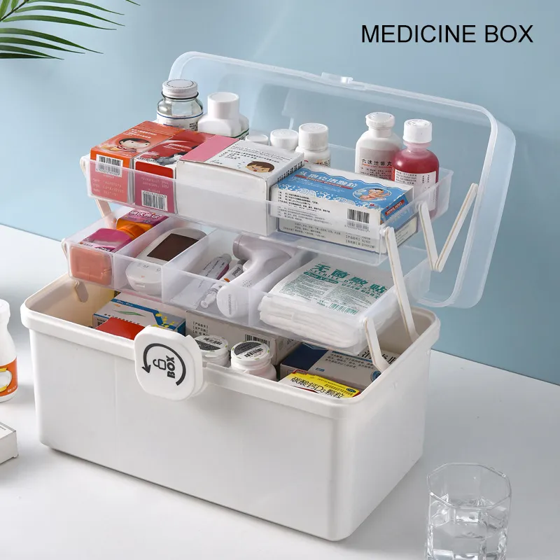 Новая портативная пустая аптечка, прозрачная пластиковая коробка для хранения лекарств с 2 лотками для дома с разделительными вставками и ручкой белого цвета Y11139827411
