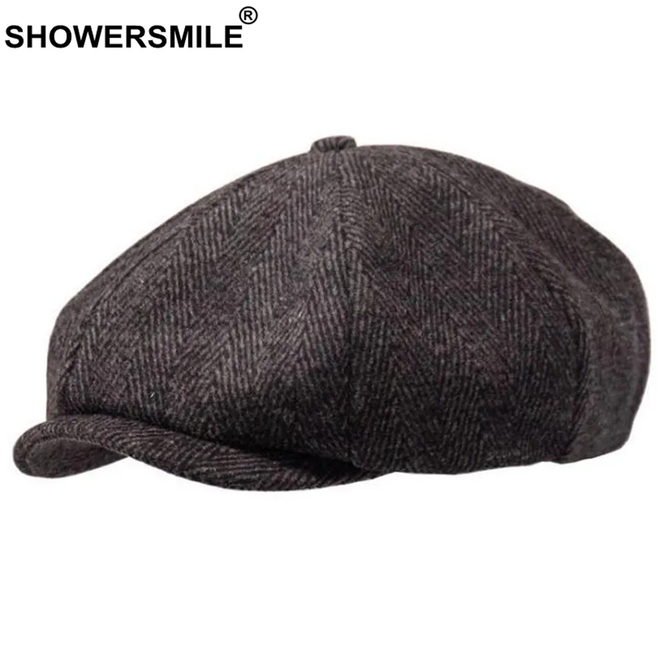 SHOWERSMILE Brand Wool Newsboy Caps Men Grey Herringbone Flat Caps Women Coffee British Gatsby Cap Autumn Winter Woolen Hats280p