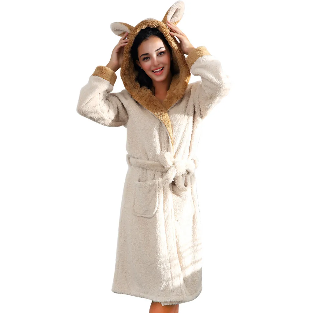 Kvinnor lång sovkläder uppsättning varm vinter coralline plysch sjal badrock kanin öron hatt robe coat pyjamas # 4 210203