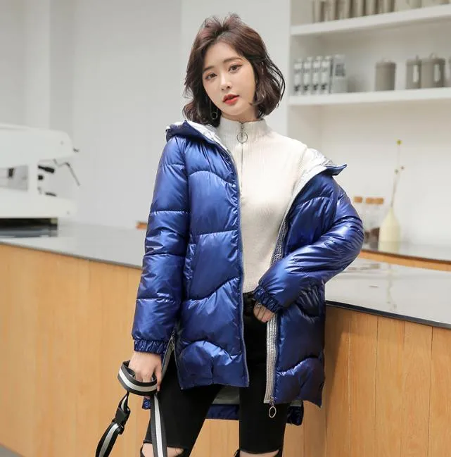 Bright Face Down Cotton Thickening Hooded Padded Jacket Women Winter Style s Korean MidLength 201103