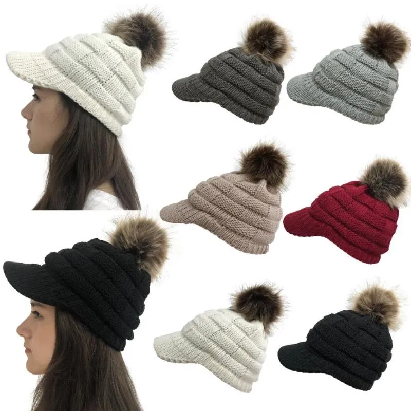 Crochet Baseball Cap Ski hat Women Winter Warm Knit Hat Pom Pom Fur Snow Ski Caps With Visor Beanie Drop269j