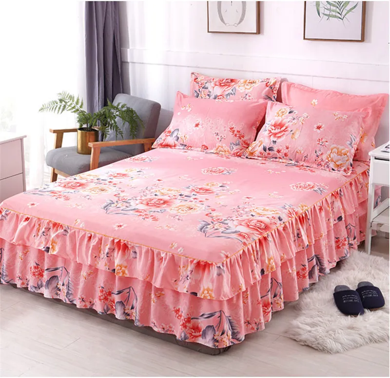 Bed Skirt Flower Printed Fitted Sheet Cover Home Graceful spread Linens room Decor Mattress Pillowcase Y200417