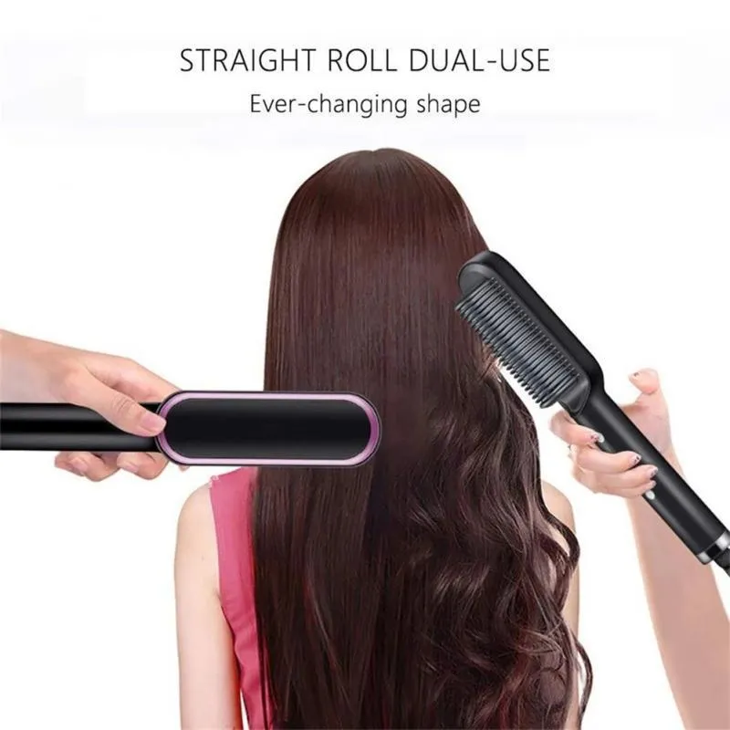 Professionell 2 i 1 Hair Straightener Curler Brush Keramik Elektrisk Rätborste Fast Uppvärmning Straightener Comb Styler Tool 220217
